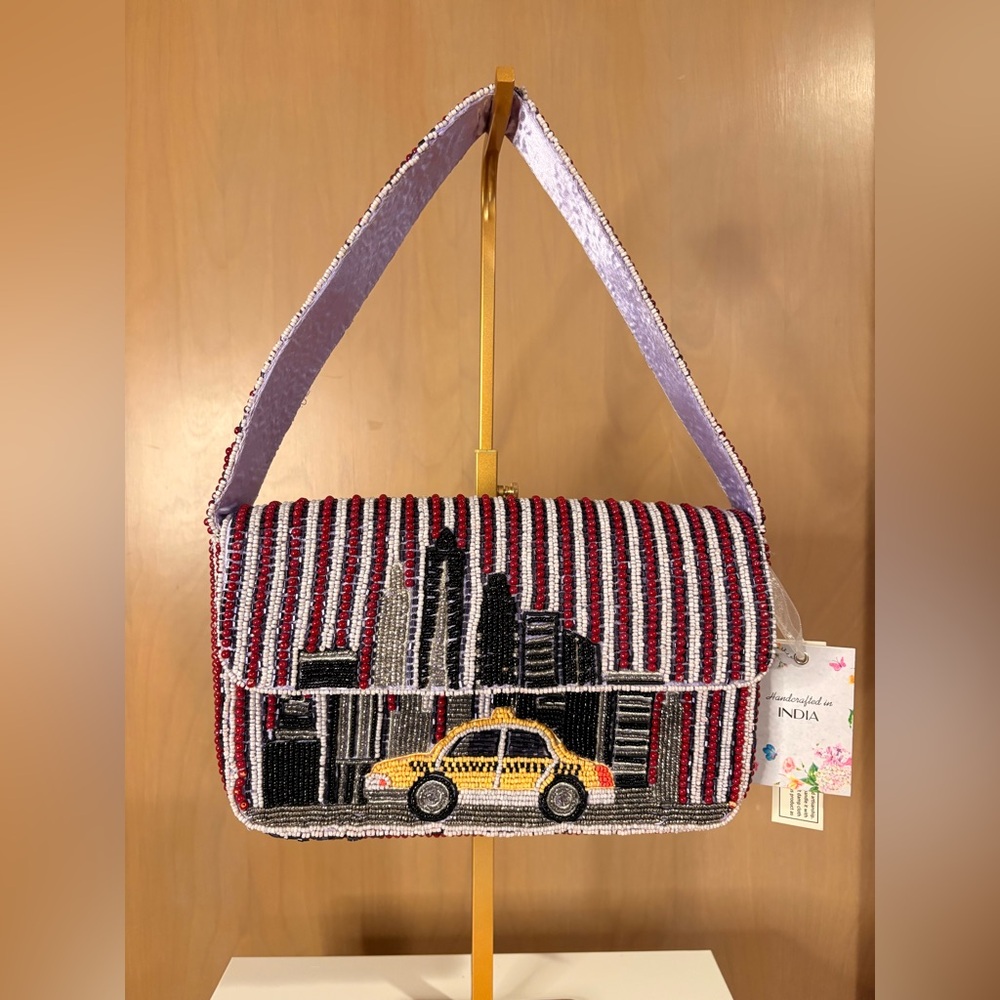 Striped Beaded Cityscape Shoulder Bag